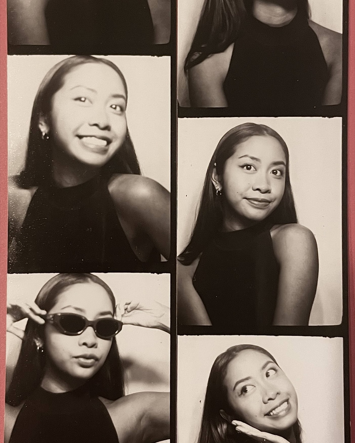 Almira in a black-and-white photobooth strip