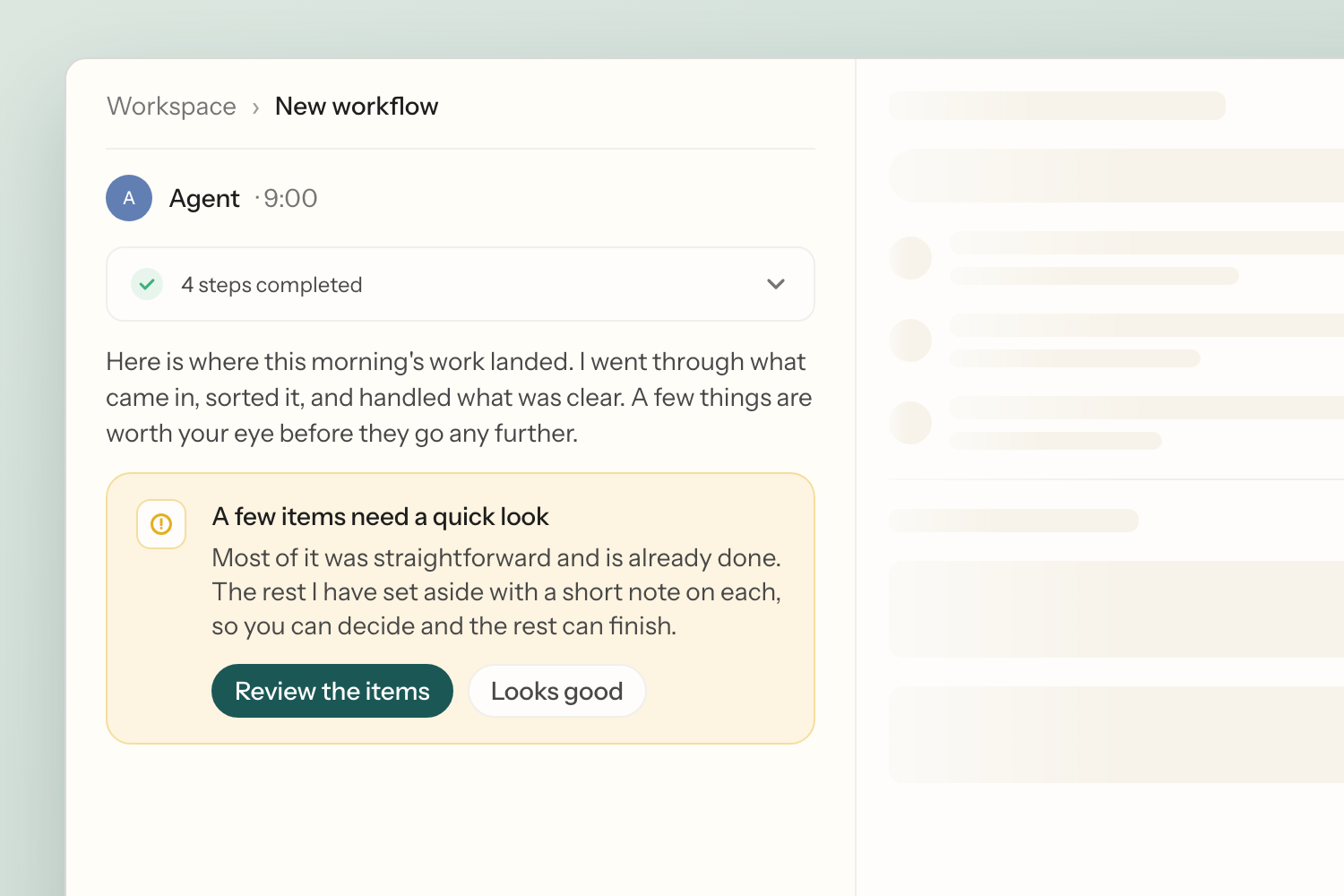 A preview of the prototype: an invoice-reconciliation run held for a person's approval.