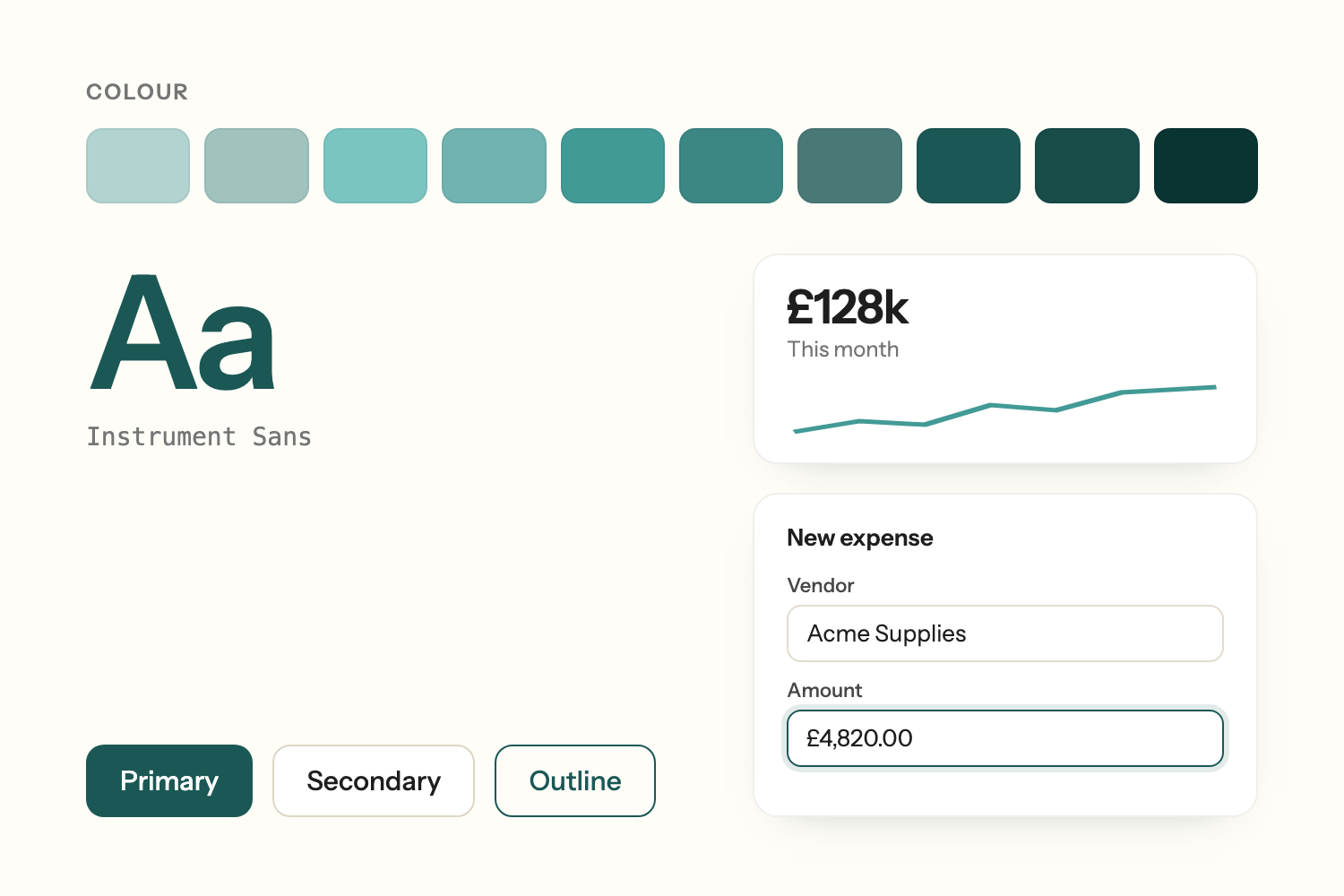 A snippet of the design system: colour tokens, Instrument Sans, buttons, and a chart.