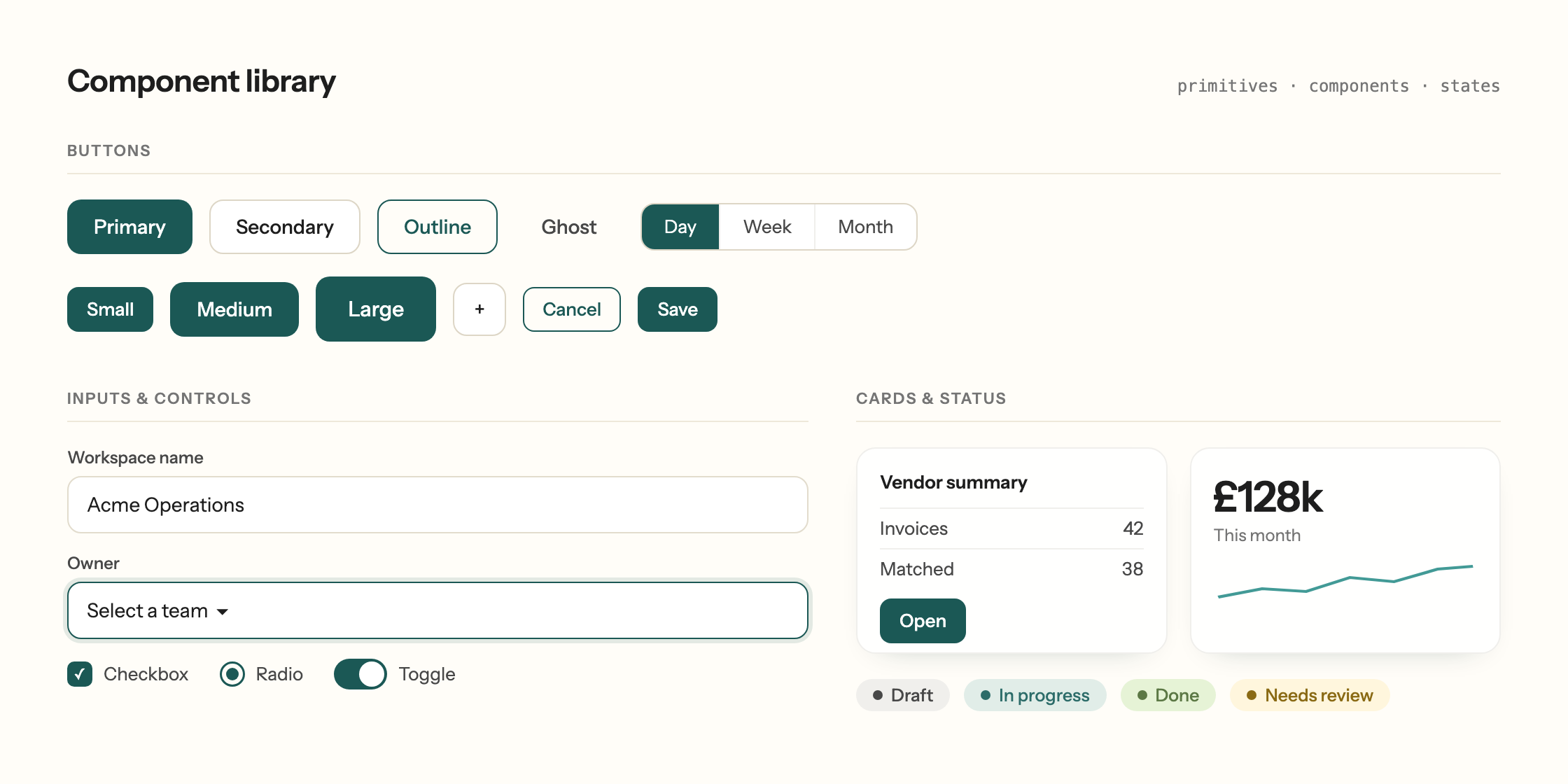 A slice of the component library: buttons, inputs, cards, and status pills, all built on the same tokens in Instrument Sans.